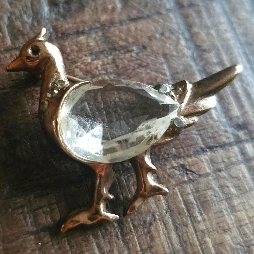 Vintage Gold Tone Bird Brooch Pear Cut Clear Crystal Rhinestone Figural Pin